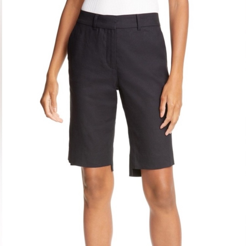 FRAME High Waist Linen Blend Trouser Shorts Navy Blue Size